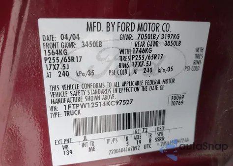 2004 Ford F-150 Lariat/Xlt z USA, uszkodzony, nr VIN 1FTPW12514KC97527